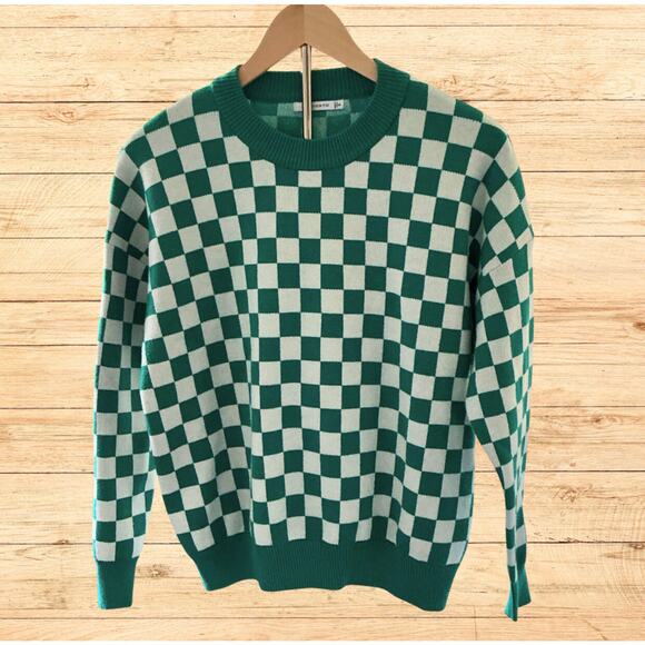 Green Checkboard Crew Neck Pullover Sweater – Kelly Green & White, Size S - Picture 2 of 6